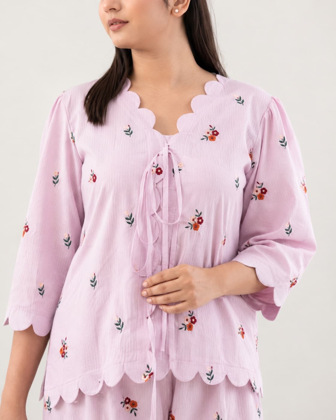 Lilac Bloom Co-Ord Set Embroidered Fabric Detail
