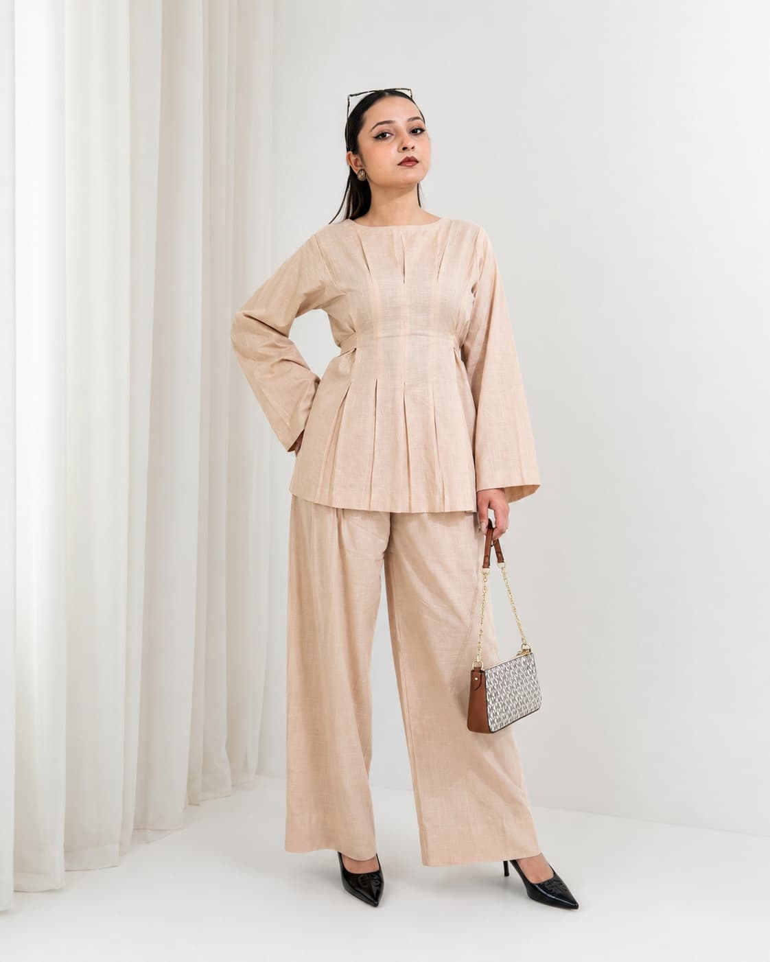 NUDE LINEN co-ord set front view, women 2-piece linen outfit, minimal summer casual wear.