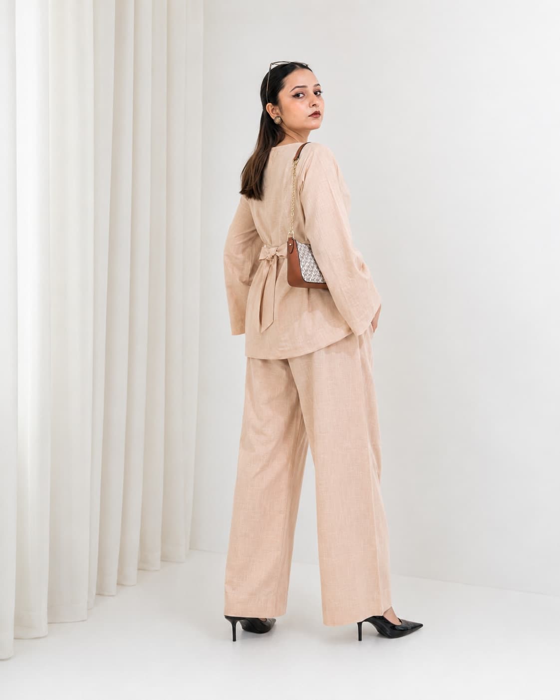 NUDE LINEN co-ord set back view, women 2-piece linen outfit, breathable minimal summer wear.