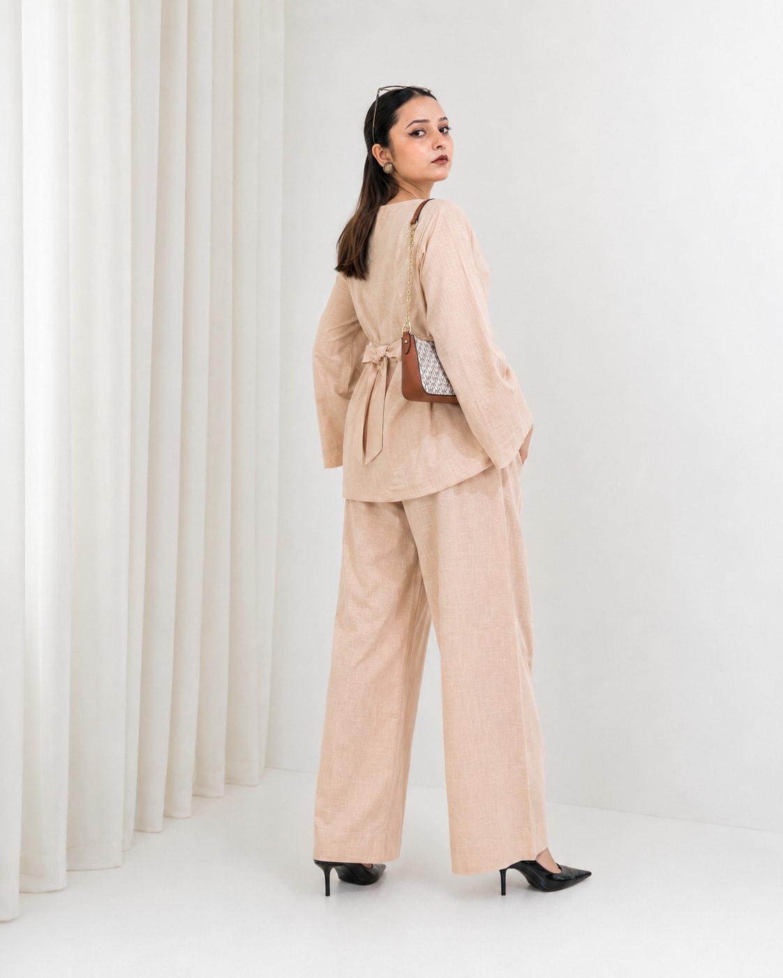 NUDE LINEN co-ord set back view, women 2-piece linen outfit, breathable minimal summer wear.