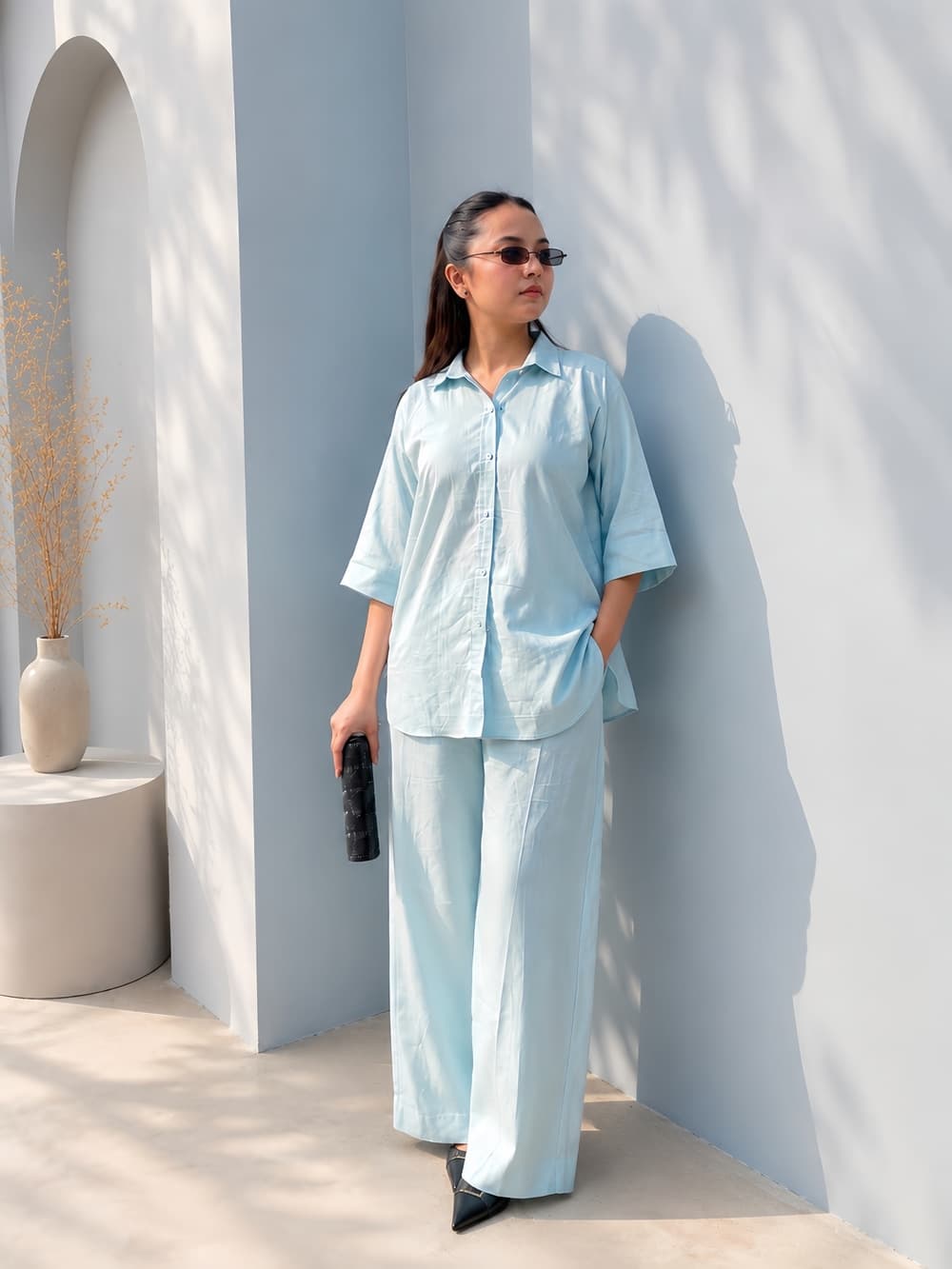 Model wearing the SKY MIST premium co ord set in light blue for women in Pakistan