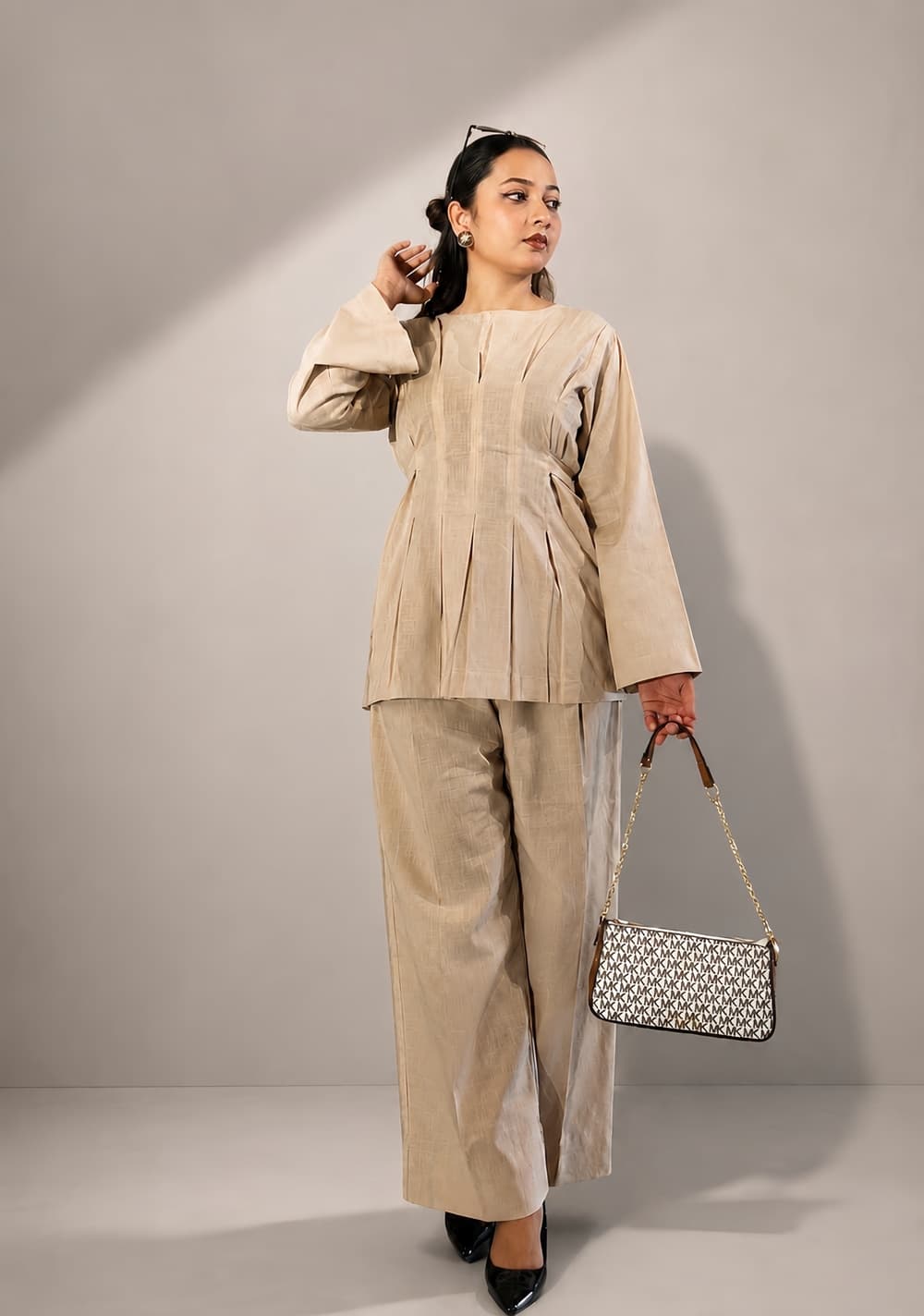 Nude Linen co ord set for women in Pakistan stylish casual wear